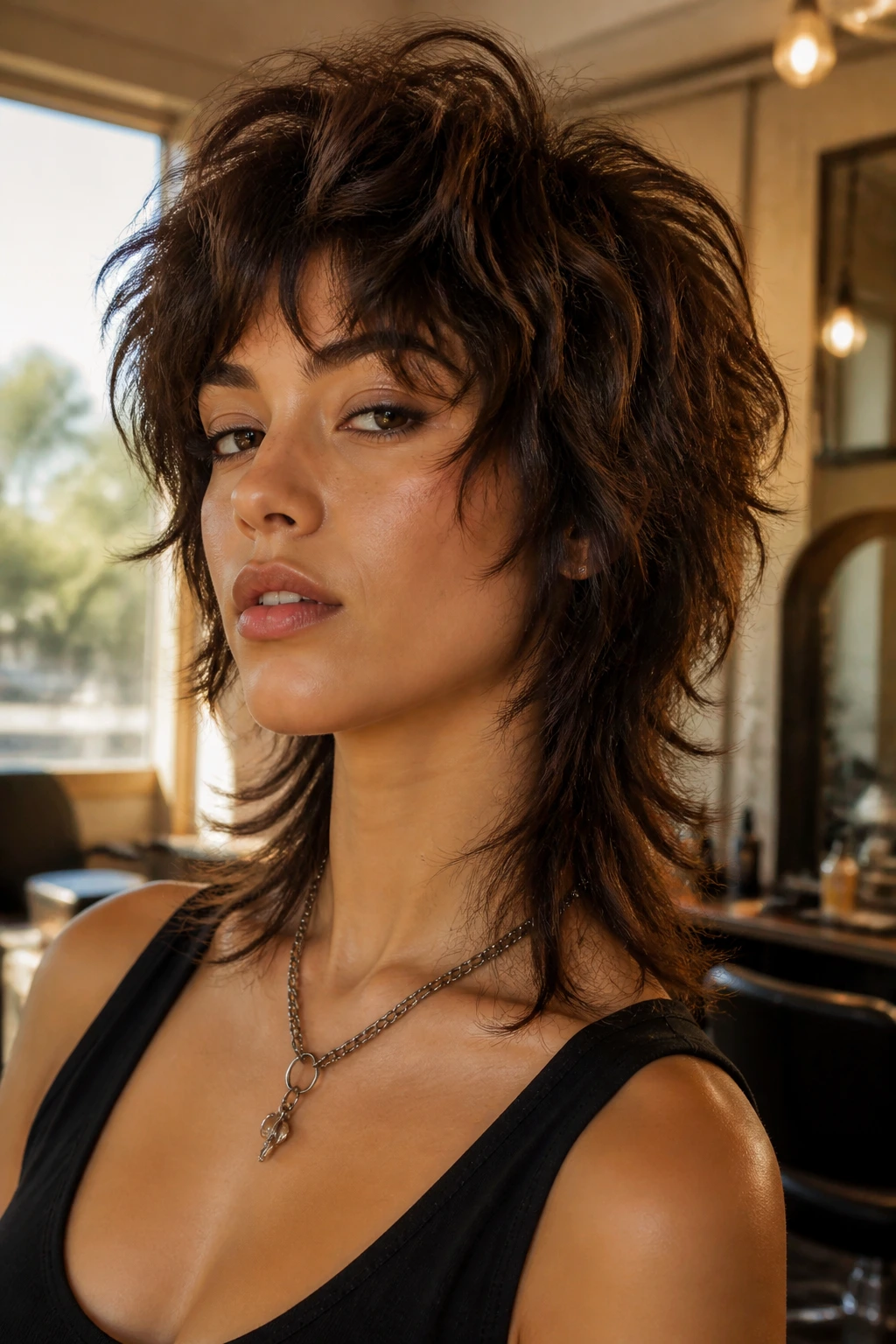 Real woman with voluminous 90s shag mullet, crown lift and fluffy ends