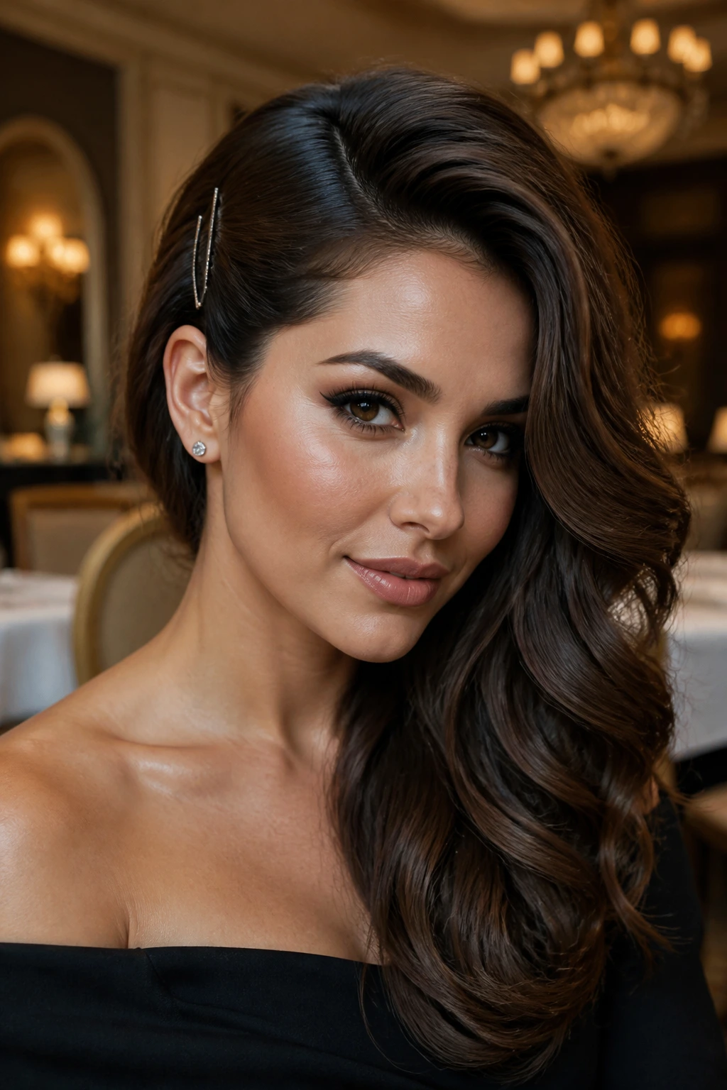 Close-up of a real woman with voluminous side-swept hairstyle and crown volume