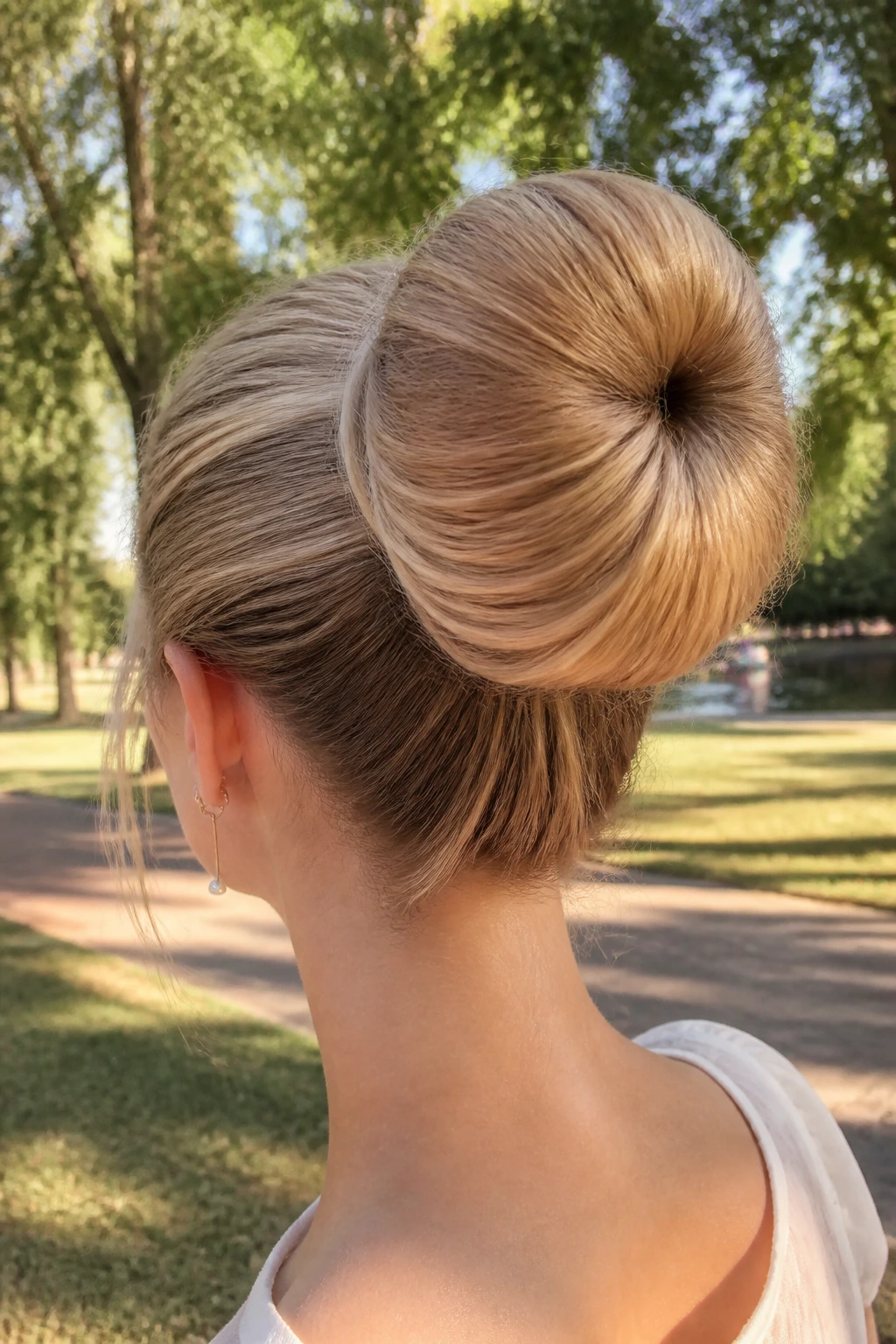 Close-up of a real woman with a voluminous sock bun in a sunlit park