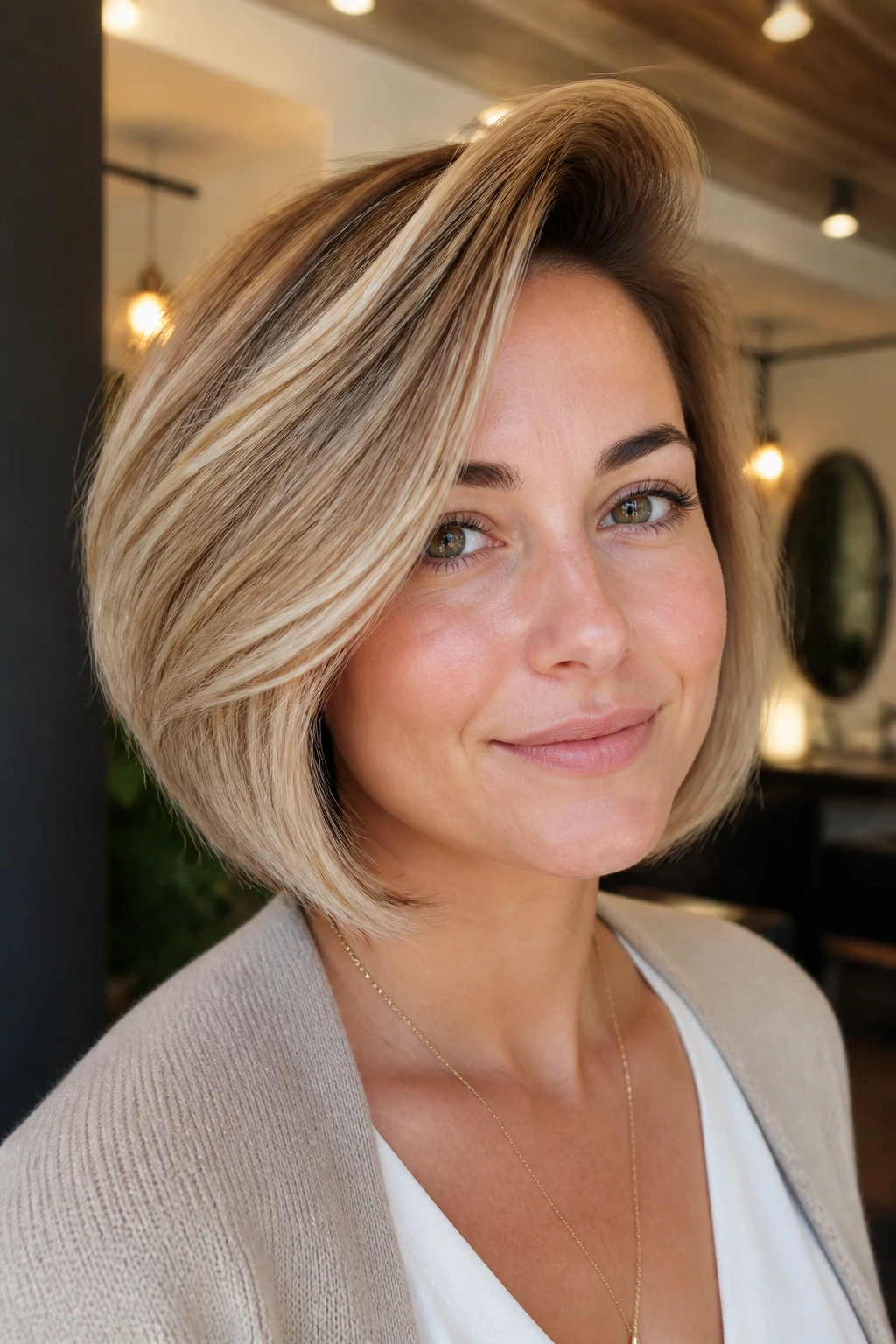 Portrait of a real woman with voluminous swoop bob hairstyle