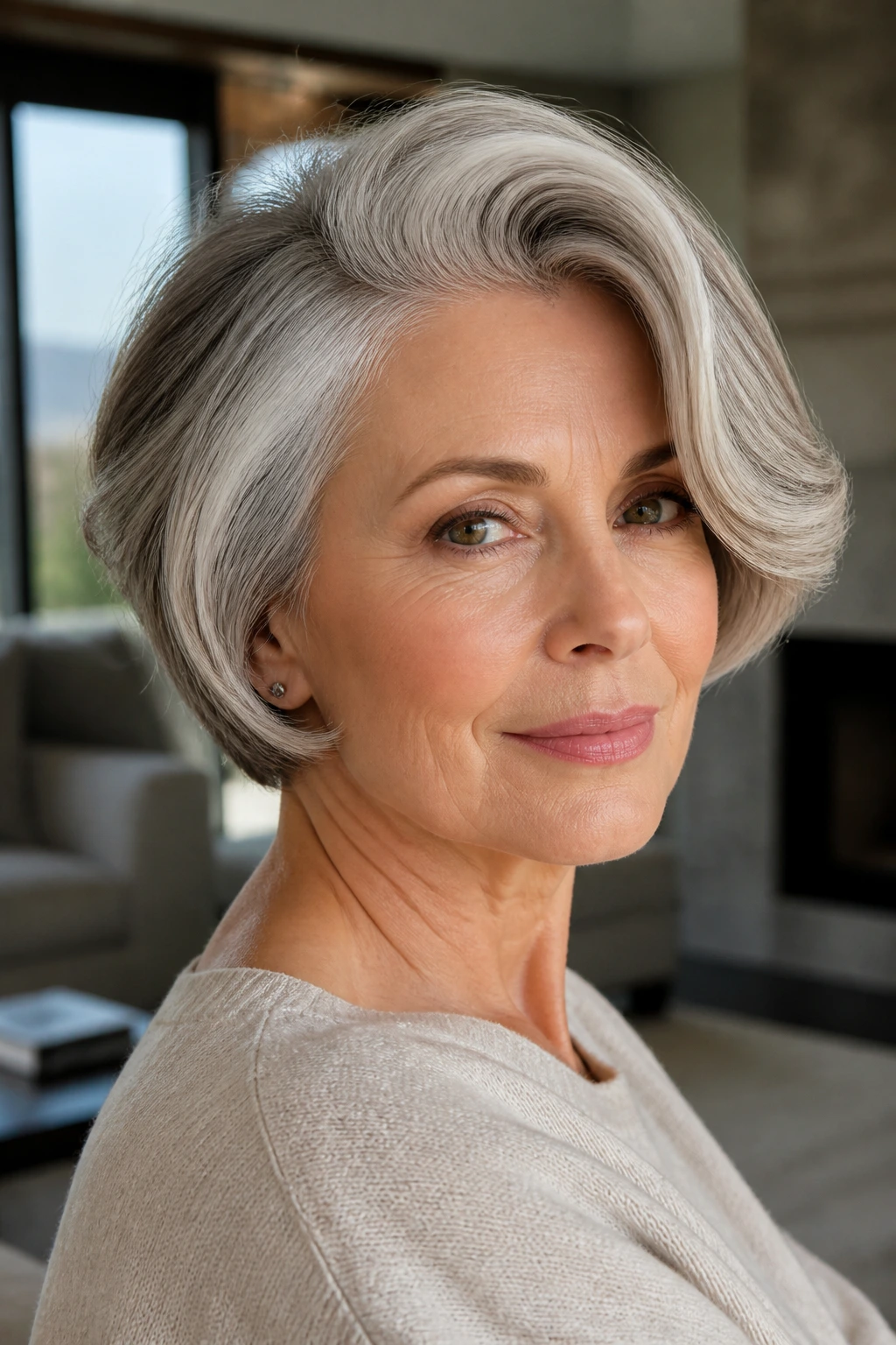 Close-up of an older woman with a voluminous swoop bob