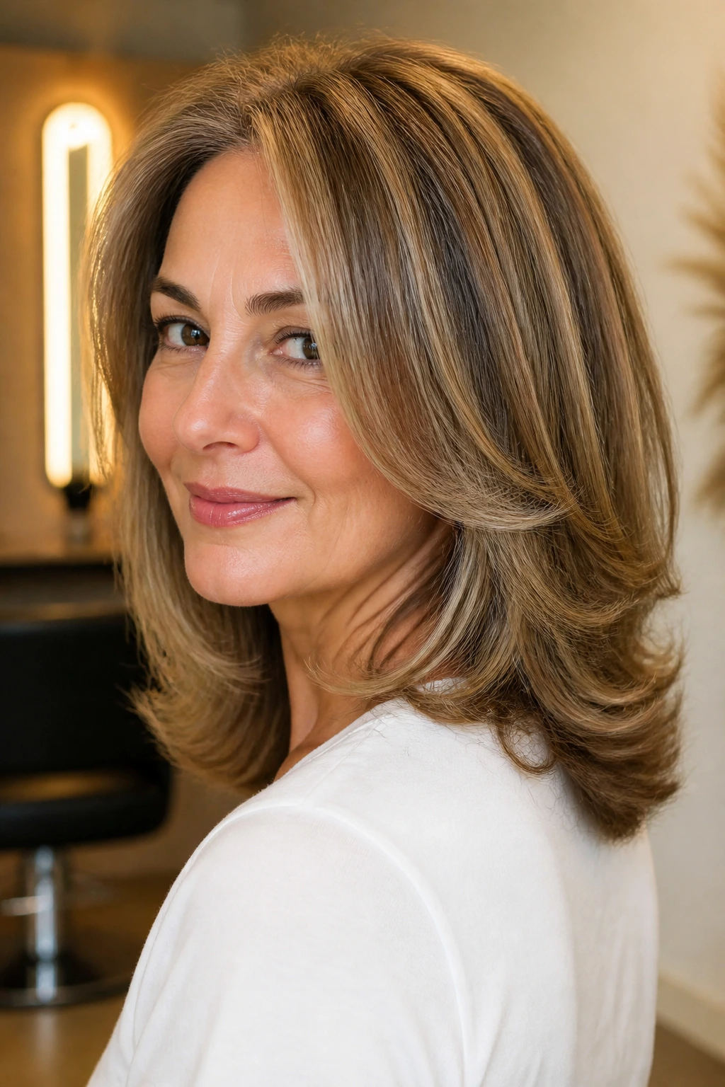 Real woman portrait showing Voluminous U-Shape Cut from back view with soft U silhouette