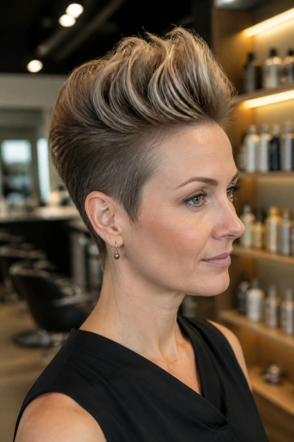Portrait of a real person with a volumized blowout faux hawk.