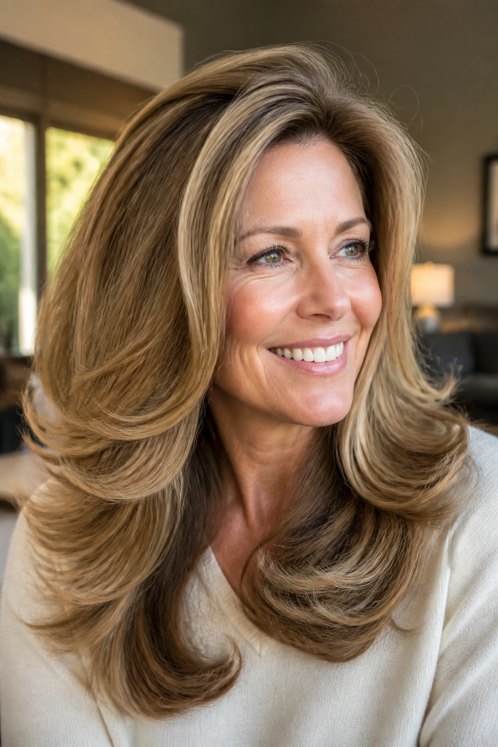 Close-up of a real woman with volumized blowout layers and lifted roots.