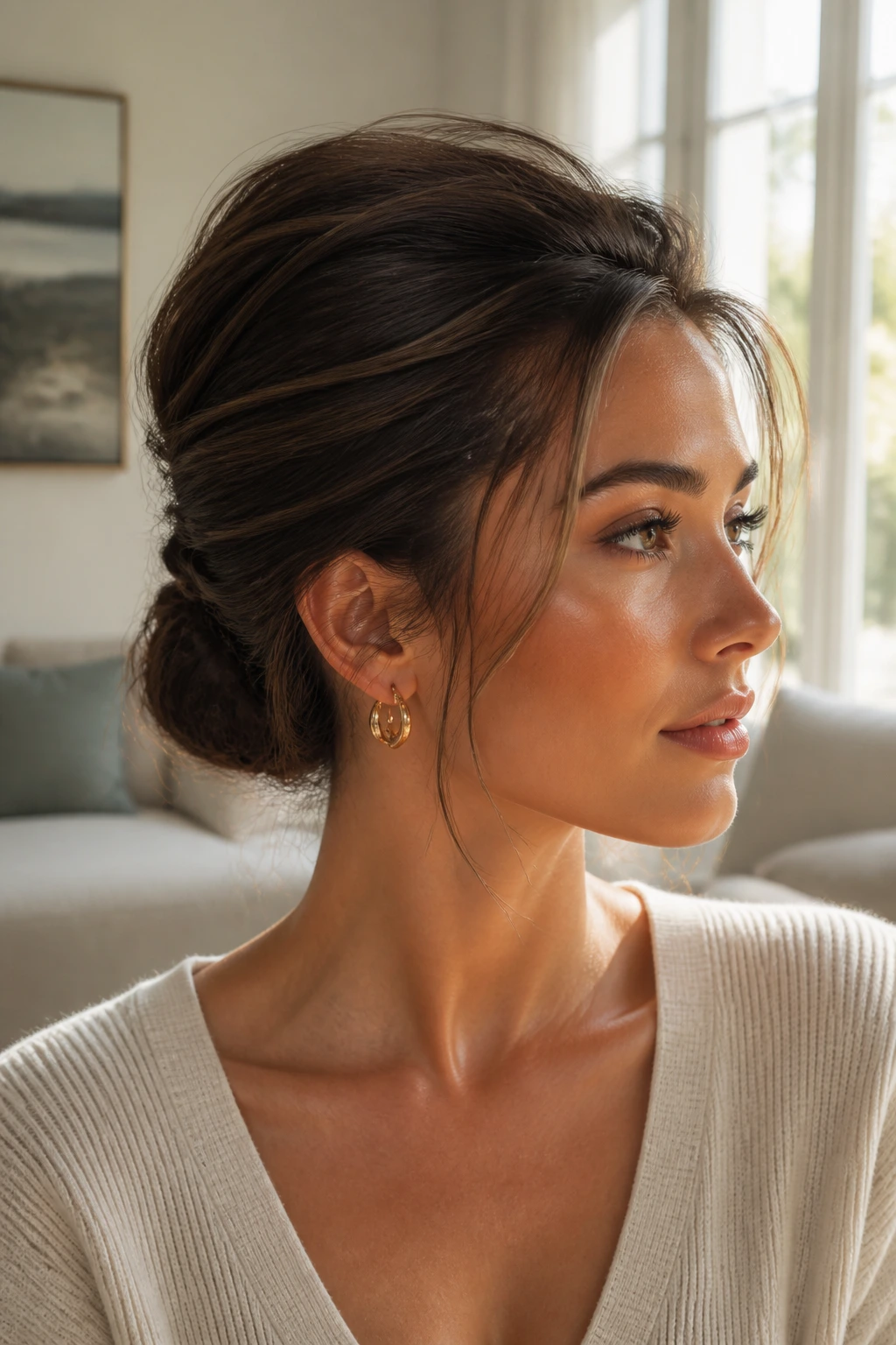 Close-up of a real woman with a volumized crown low bun