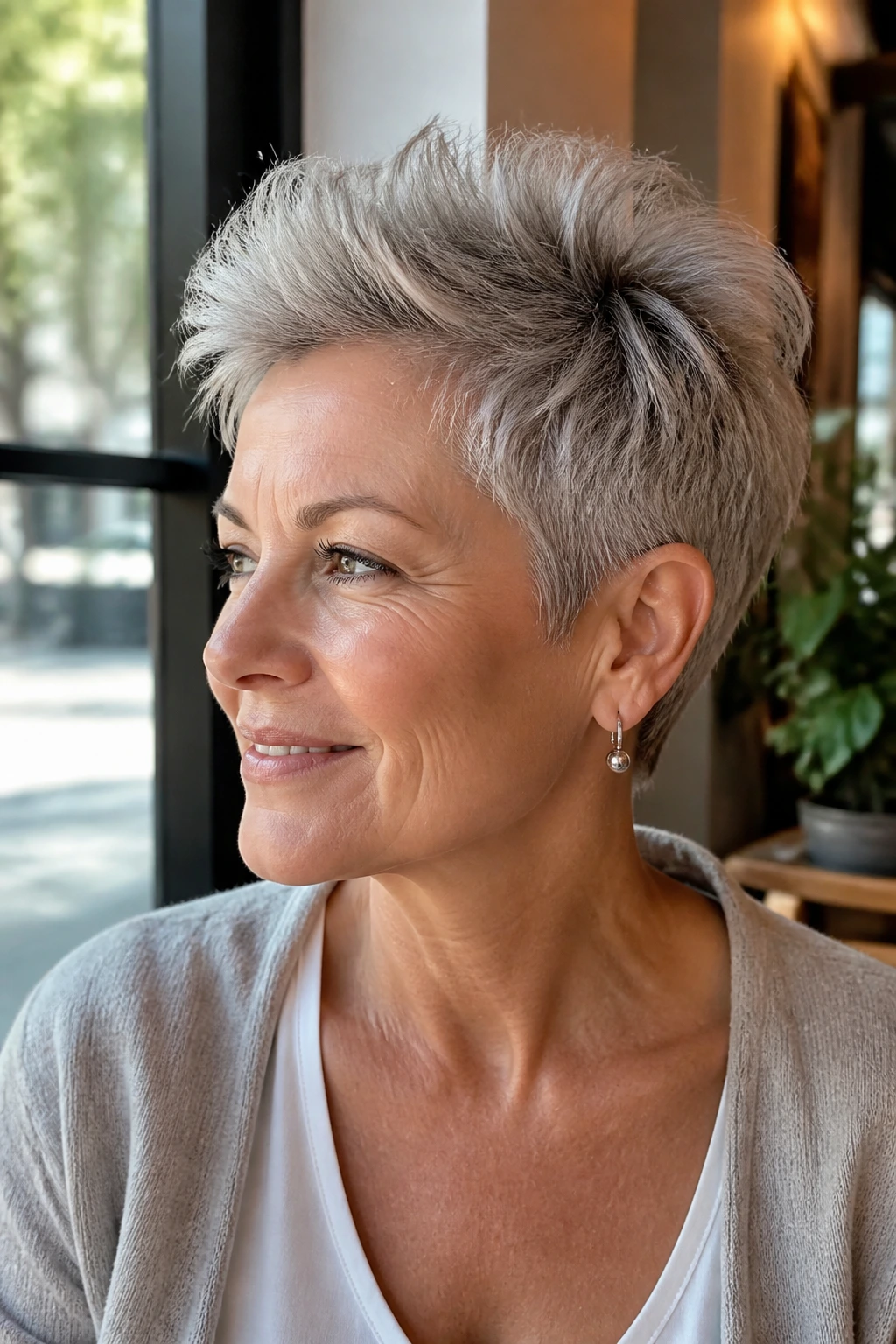 Portrait of a woman with volumized crown pixie for thin hair under natural light.