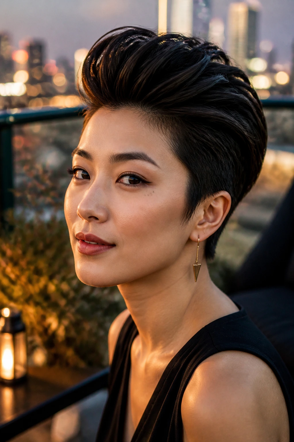 Close-up portrait of an Asian woman with a volumized pompadour quiff
