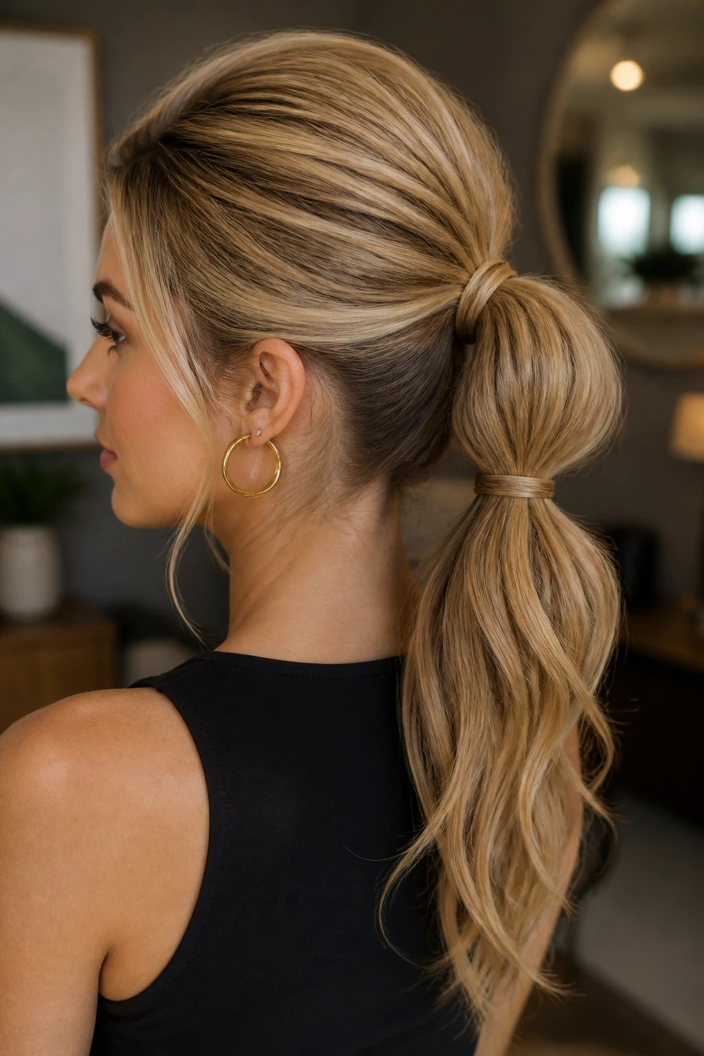 Close-up portrait of a woman with a volumized, cinched ponytail