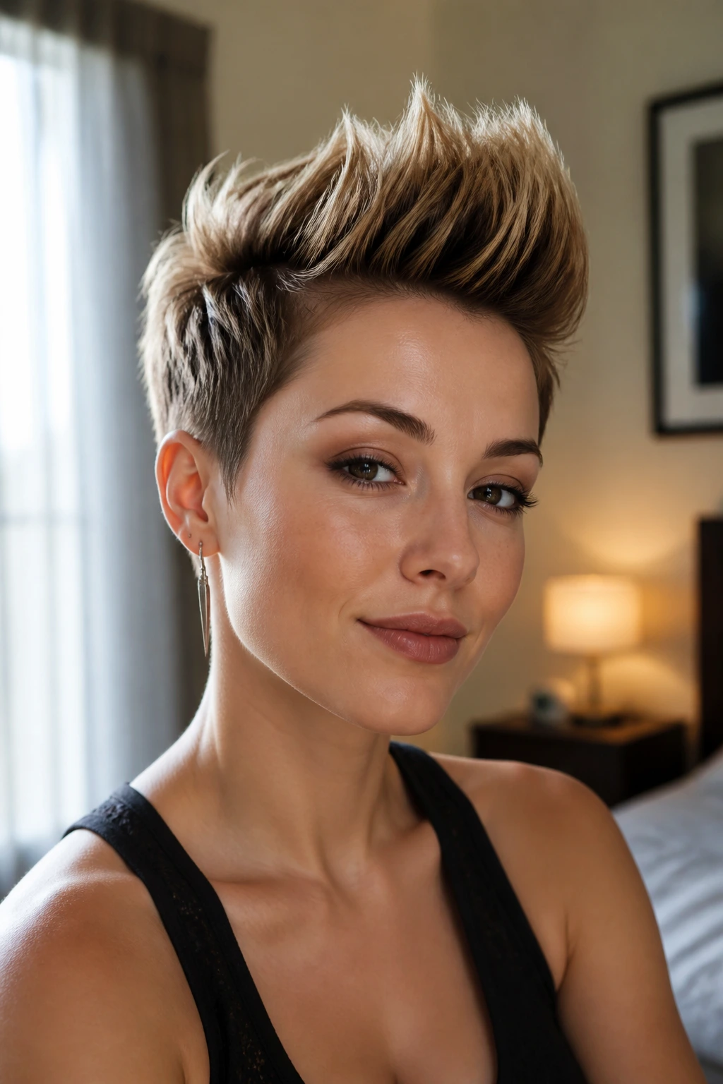 Close-up portrait of a real woman with a volumized quiff spike hairstyle in warm natural light