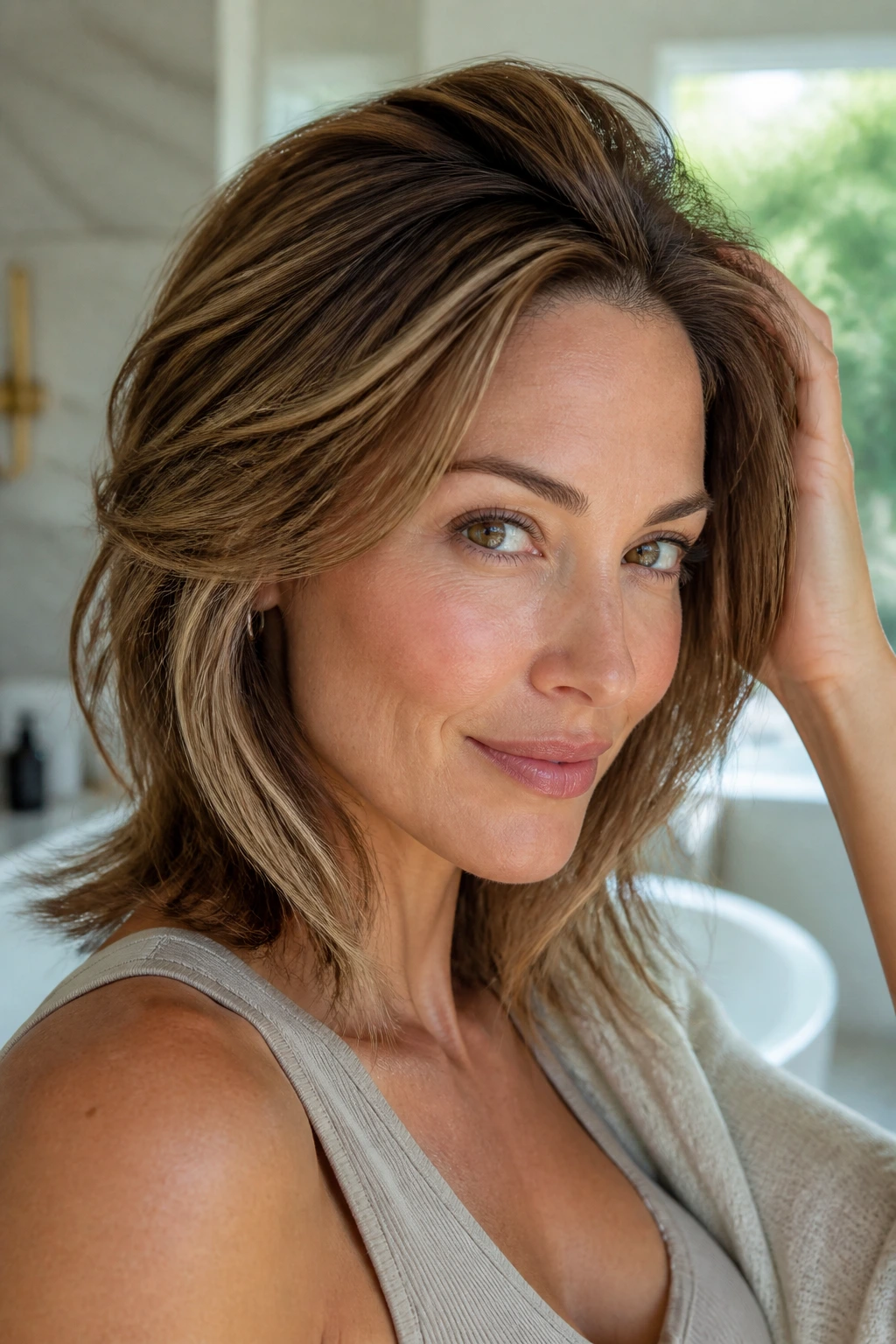 Close-up of a real woman with volumizing crown layers showing lift at the crown.