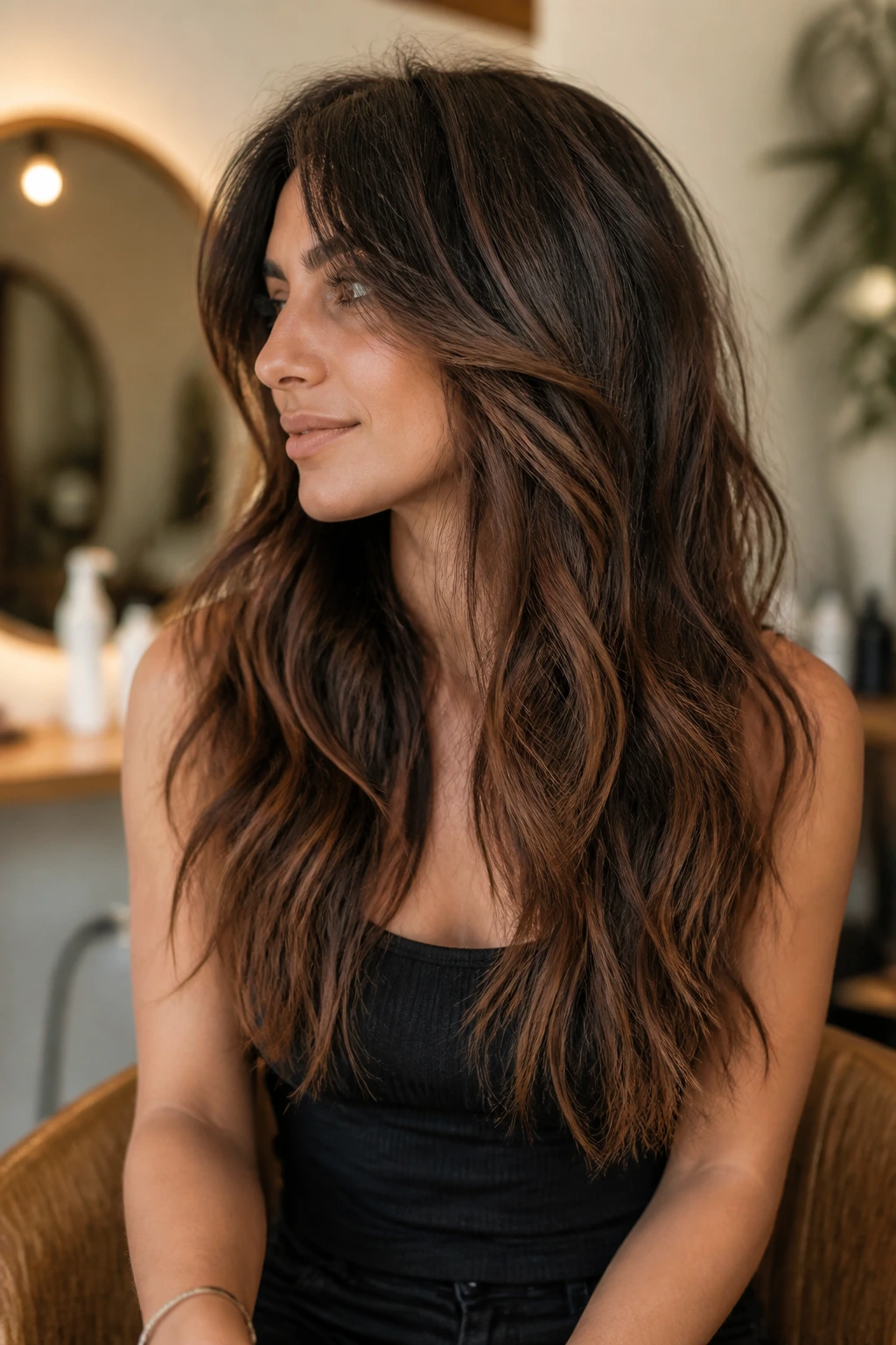 Close-up portrait of a real woman with a V-shaped back shag in warm salon lighting
