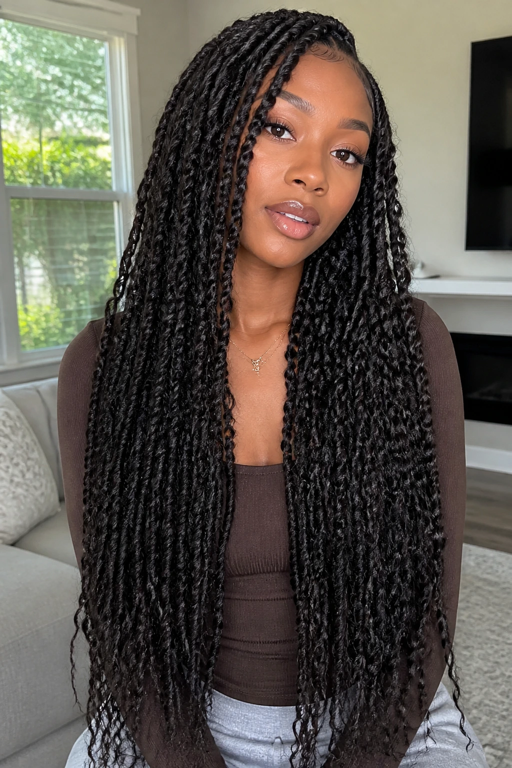 Real woman with waist-grazing passion twists cascading past shoulders in natural light