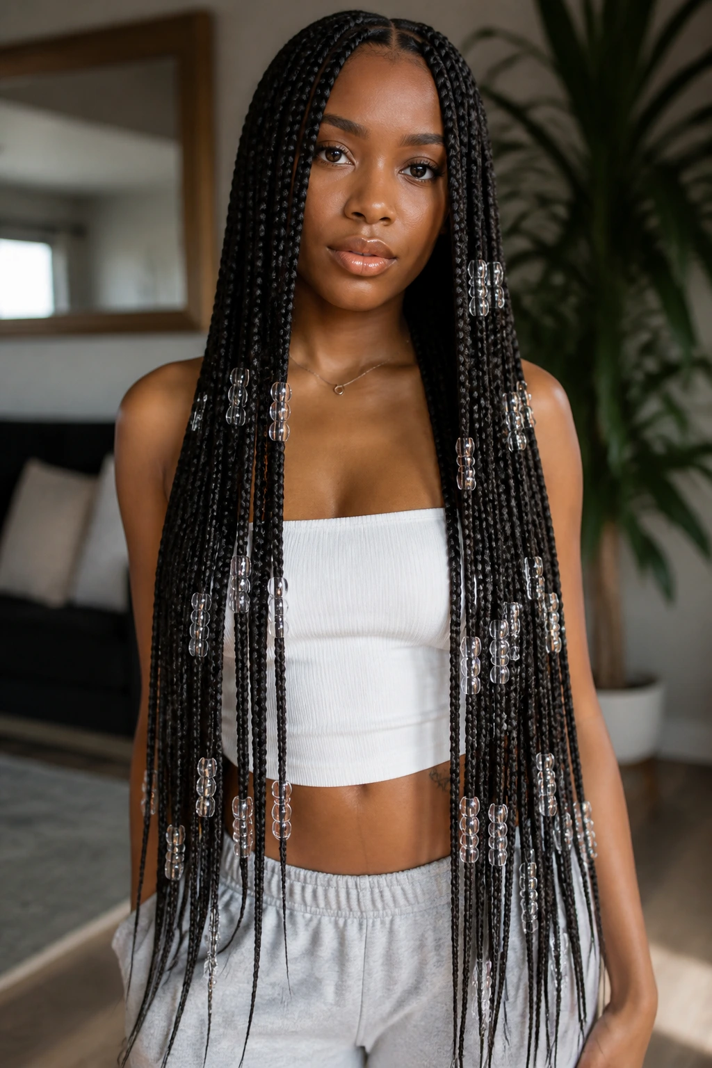Waist-length braids with evenly spaced beads on the lower half