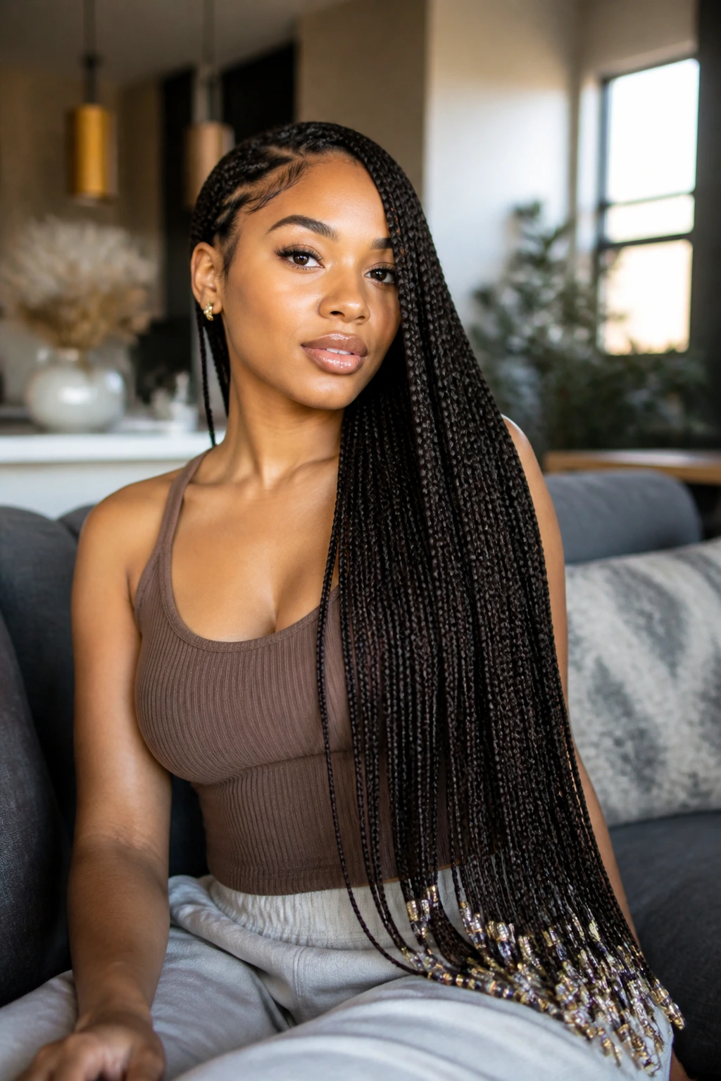 Real woman with waist-length box braids cascading over shoulder