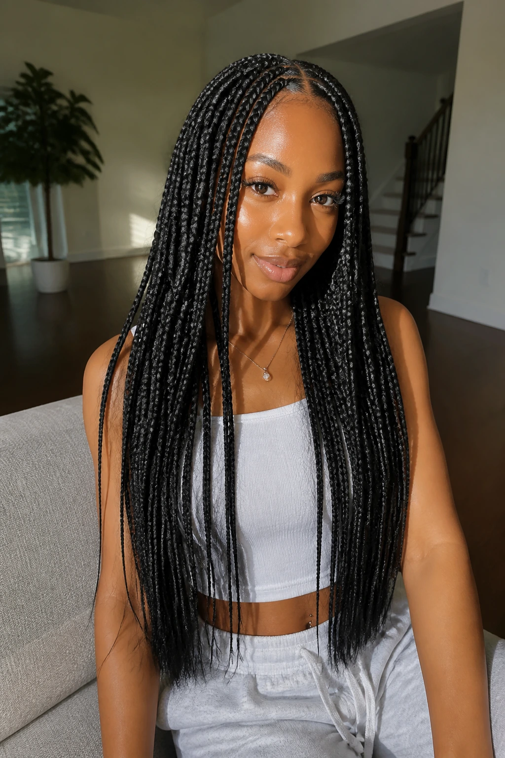 Portrait of a person with waist-length box braids in a bright living room