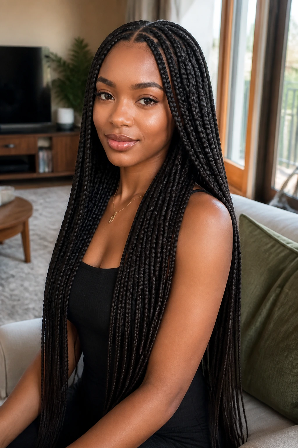 Portrait of a woman with waist-length box braids in a cozy living space
