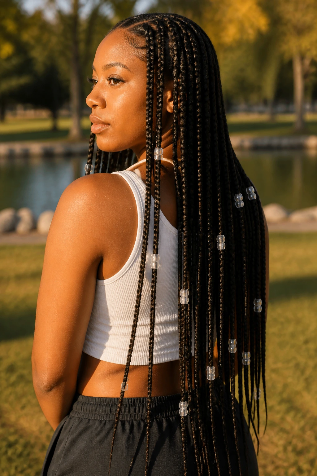 Real woman with waist-length braids and evenly spaced beads