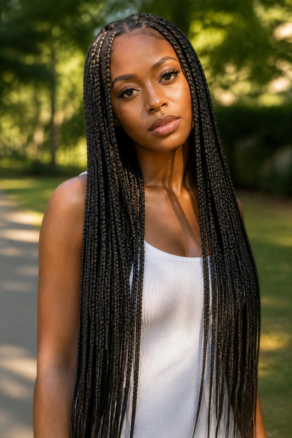 Real woman with waist-length braids in an outdoor park portrait.