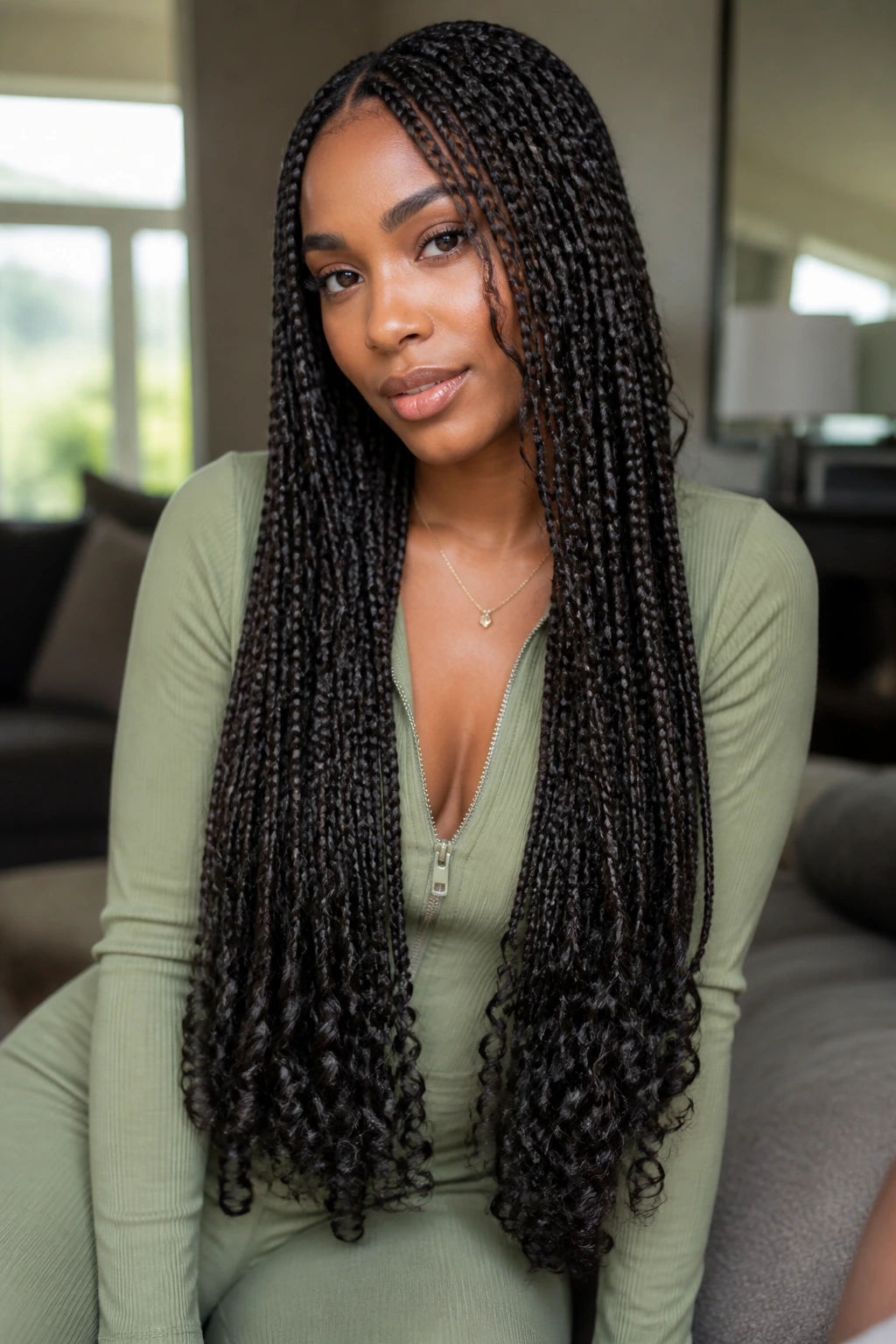 Woman with waist-length braids ending in spiral curls in natural light