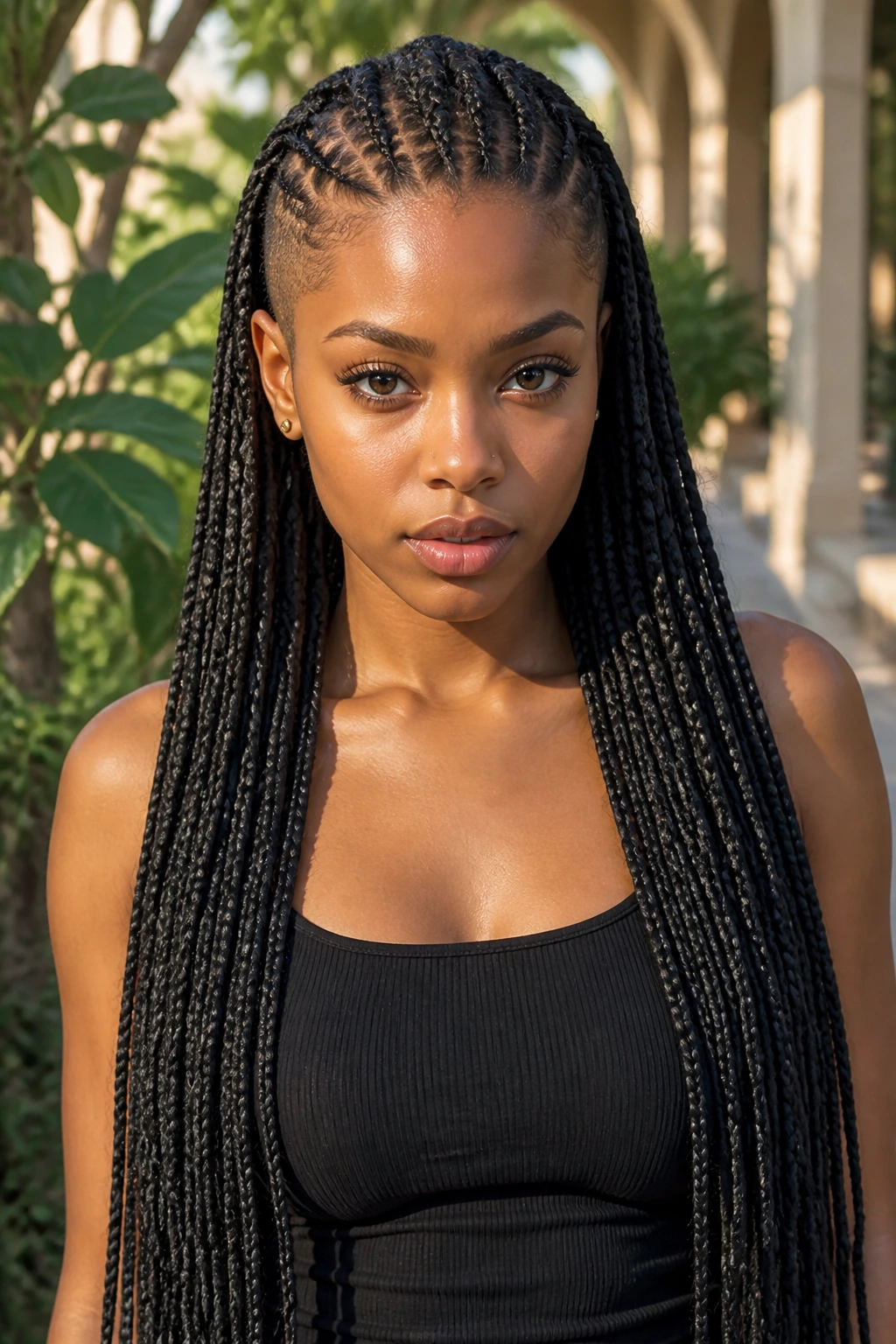 Portrait of a woman with waist-length braids and temple fade