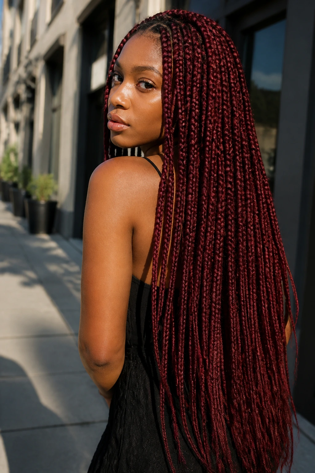 Portrait of a real woman with waist-length burgundy knotless braids outdoors