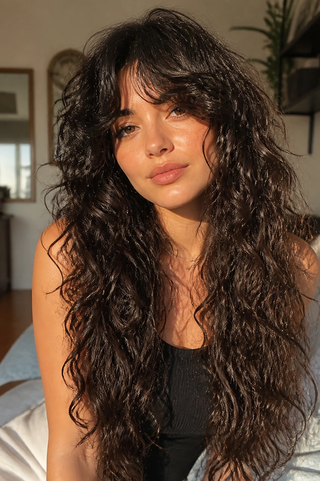 Close-up of a real woman with waist-length curls and long curtain bangs