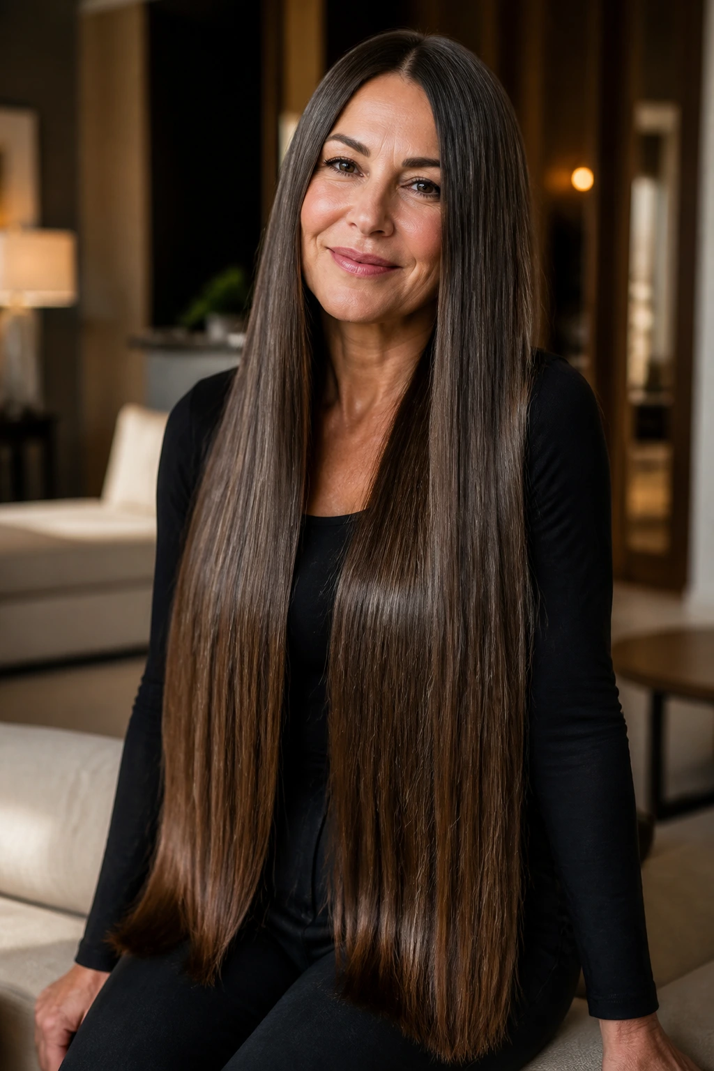 Portrait of a real woman with waist-length glossy straight hair in a cozy living room
