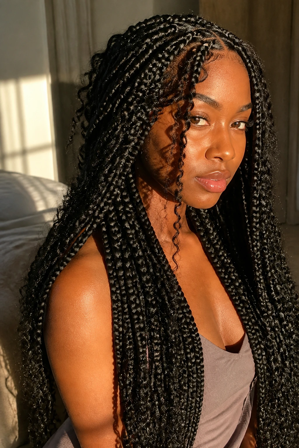 Real woman with waist-length goddess braids and curly leave-out