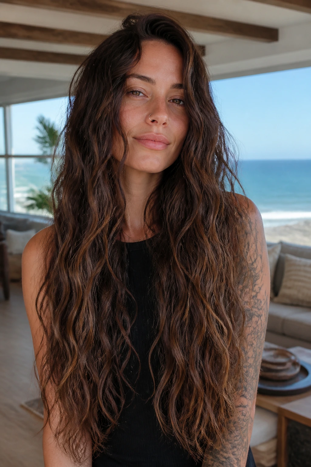 Real woman with waist-length wavy hair showing subtle gradation