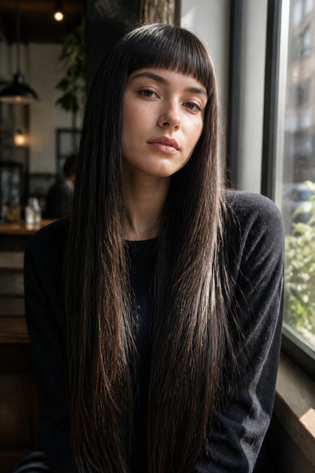 Waist-length hair with baby bangs portrait in daylight window light
