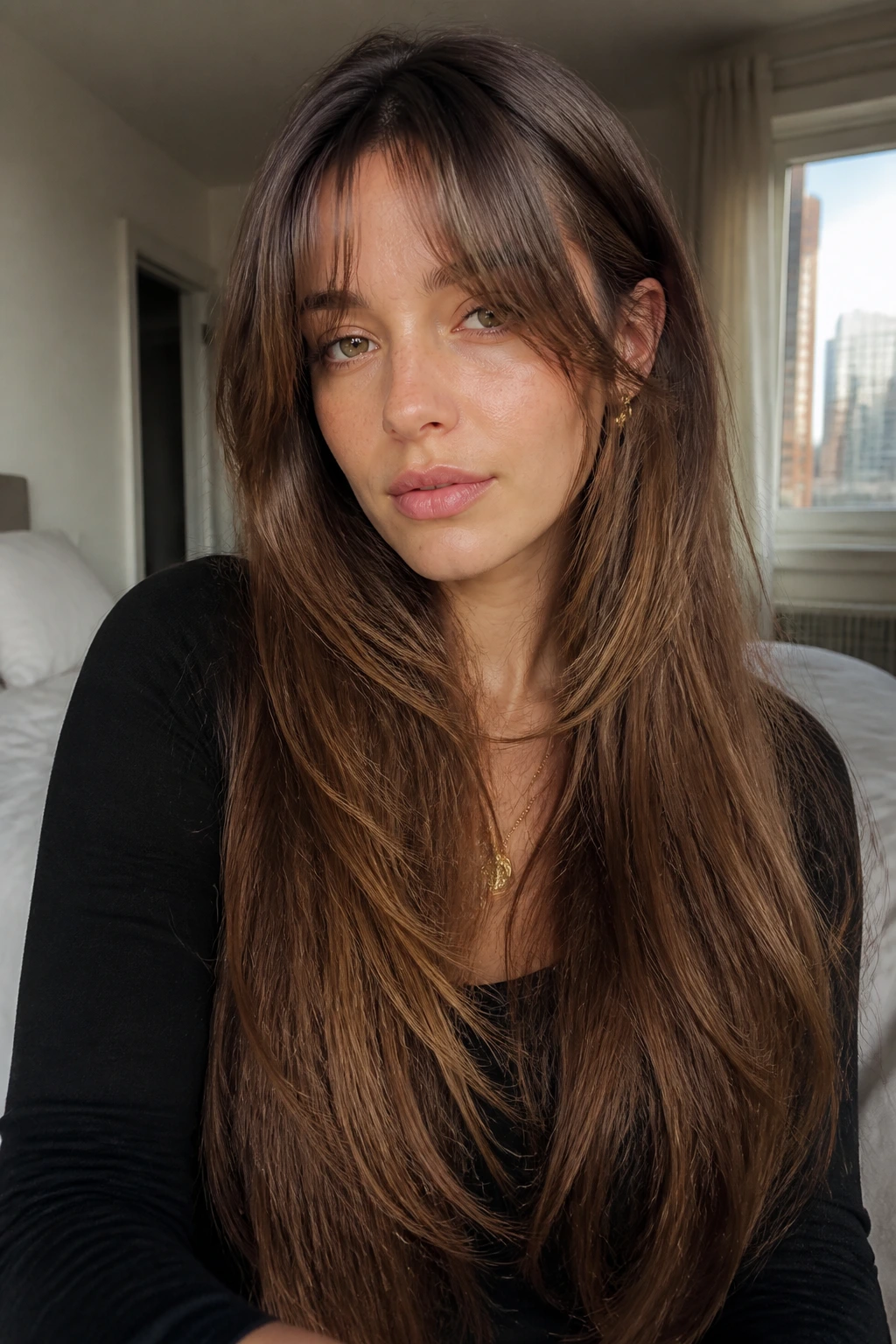 Portrait of waist-length layered hair with curtain bangs