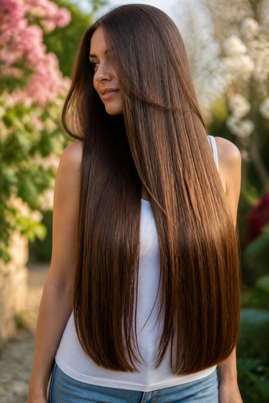 Bust portrait of a real person with waist-length straight hair cascading down
