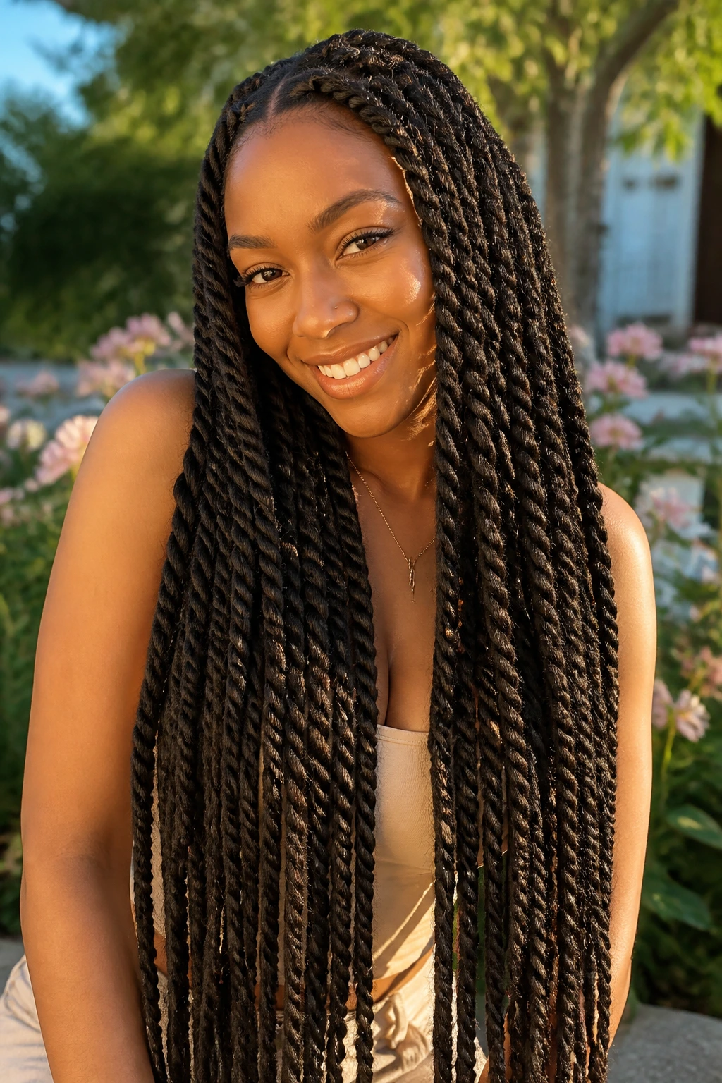Portrait of a real woman with waist-length Havana twists.