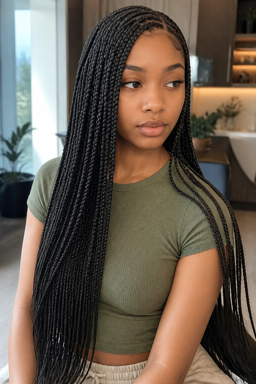 Real person wearing waist-length knotless braids with neat ends