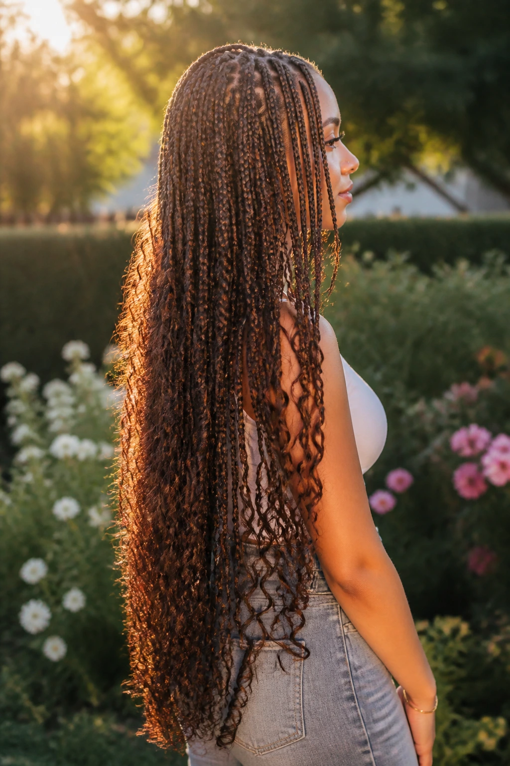 Waist-length knotless braids with waterfall curls in golden hour light
