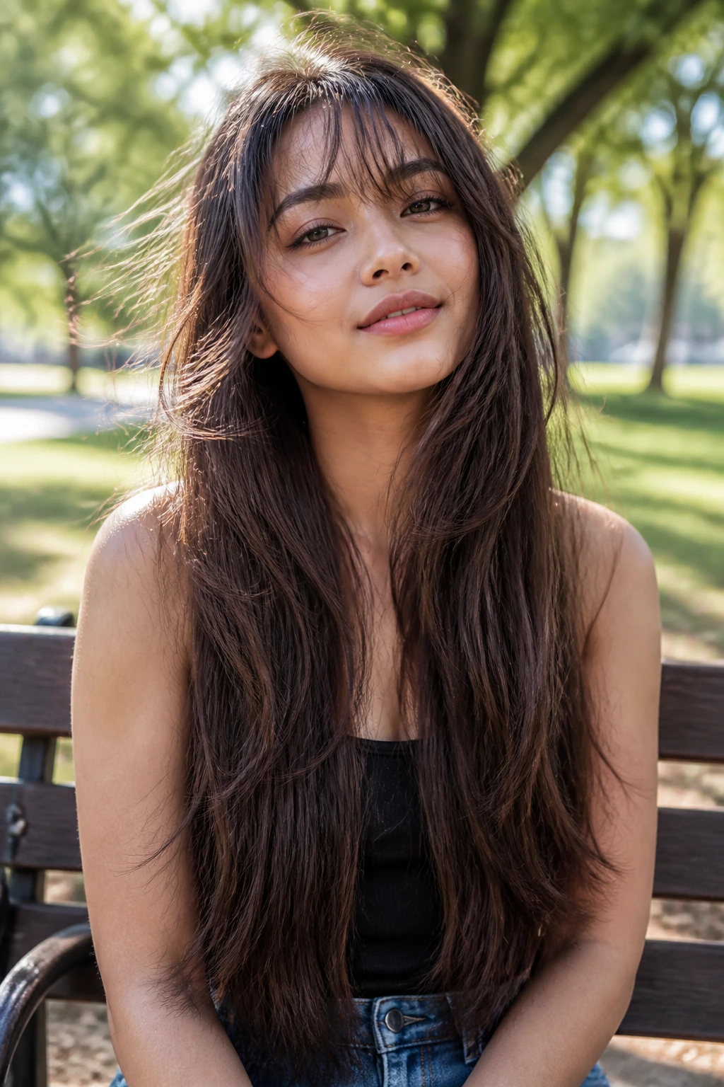 Close-up portrait of a real woman with waist-length layers and wispy bangs