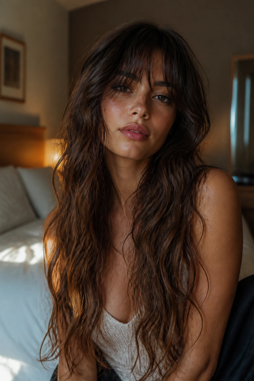 Portrait of a real woman with waist-length layered hair and wispy choppy fringe