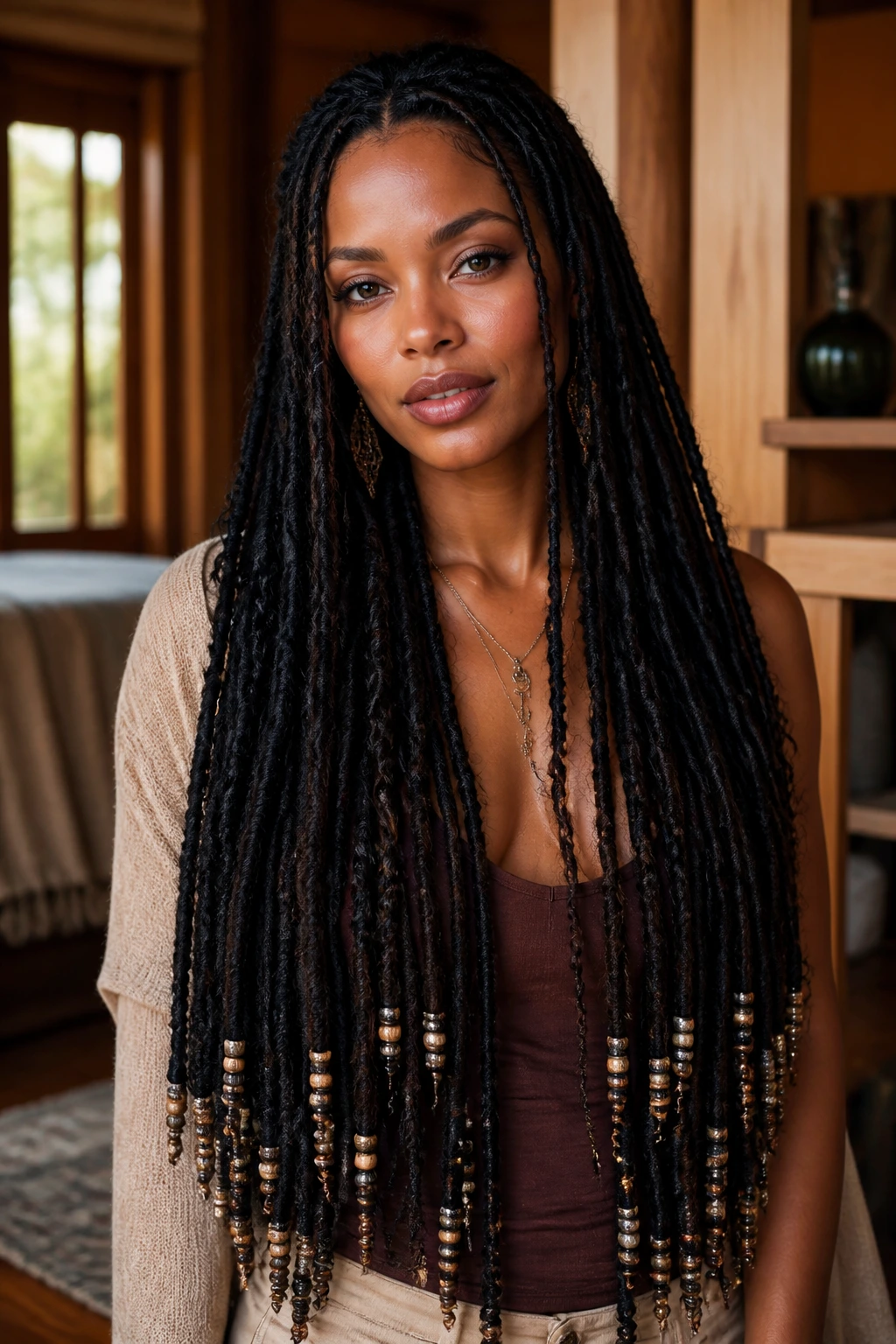 Real woman with waist-length goddess locs featuring beaded ends
