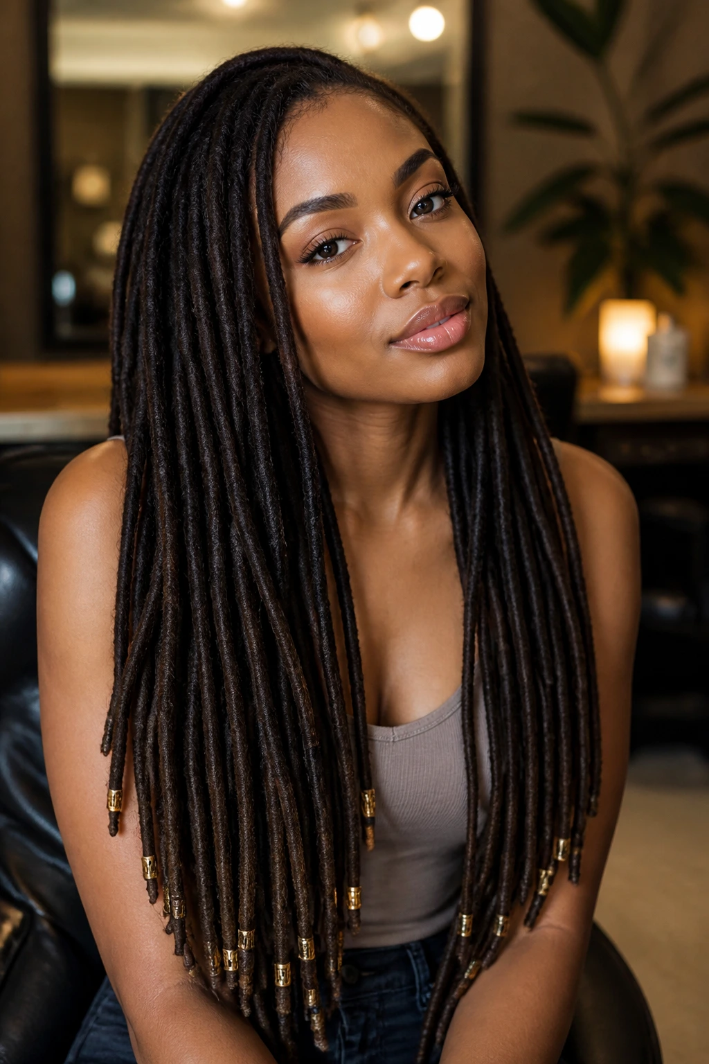 Portrait of a real person with waist-length locs and brass spacers near the ends.