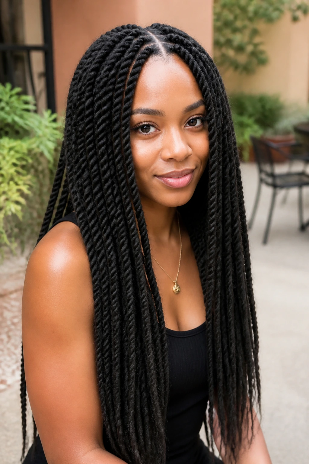 Waist-length Marley twists with center part on a real person, portrait