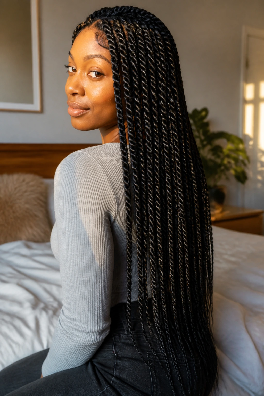 Real woman with waist-length midnight Senegalese twists in a bedroom setting
