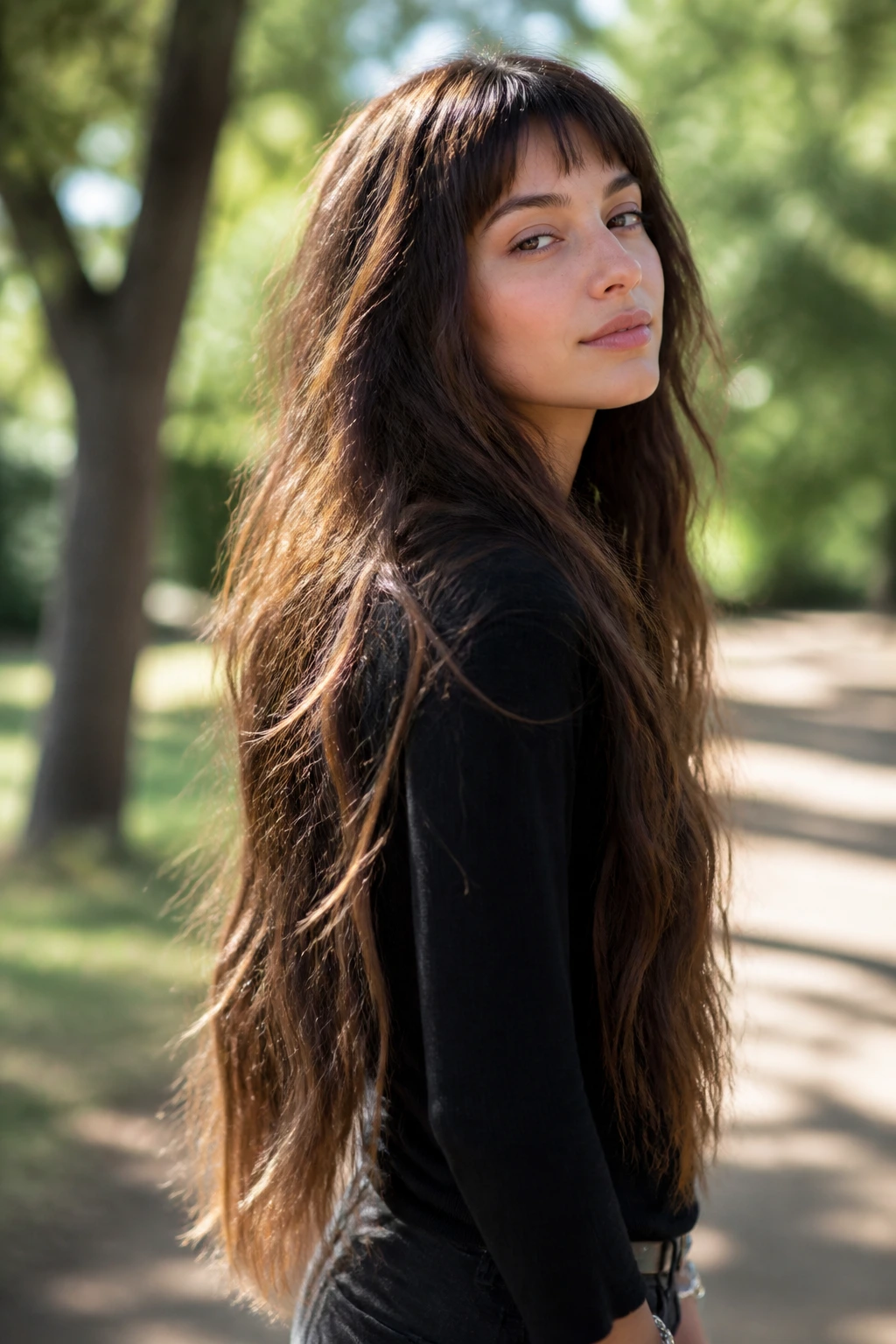 Three-quarter portrait of a real person with waist-length shag and internal layers