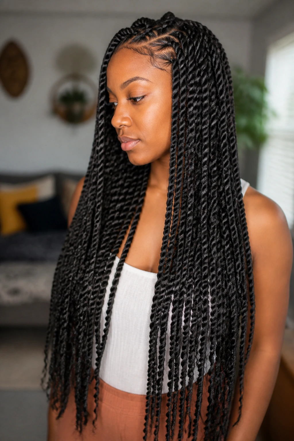 Portrait of a woman with waist-length passion twists