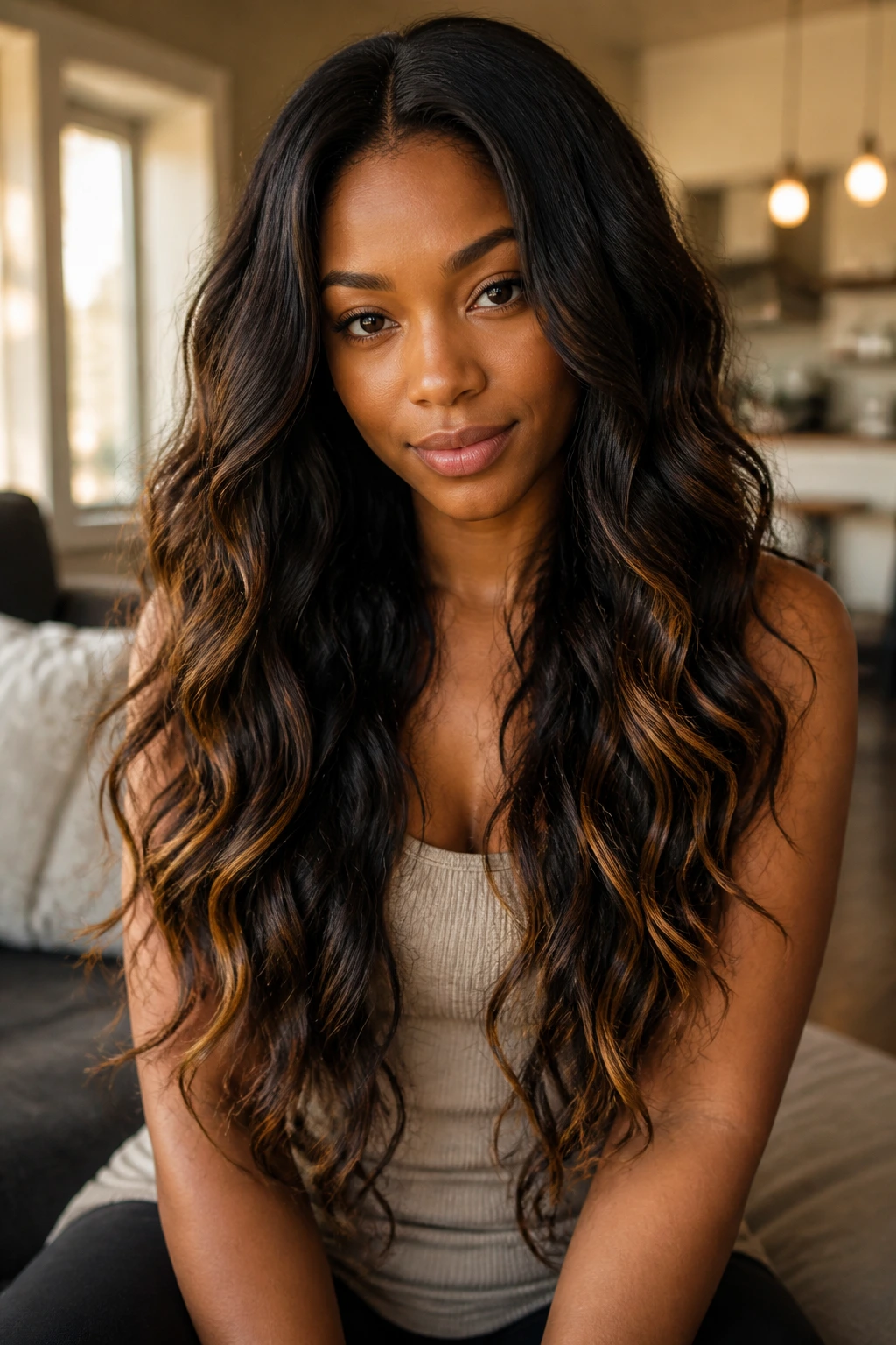 Close-up of a real woman with waist-length layered waves in warm indoor light