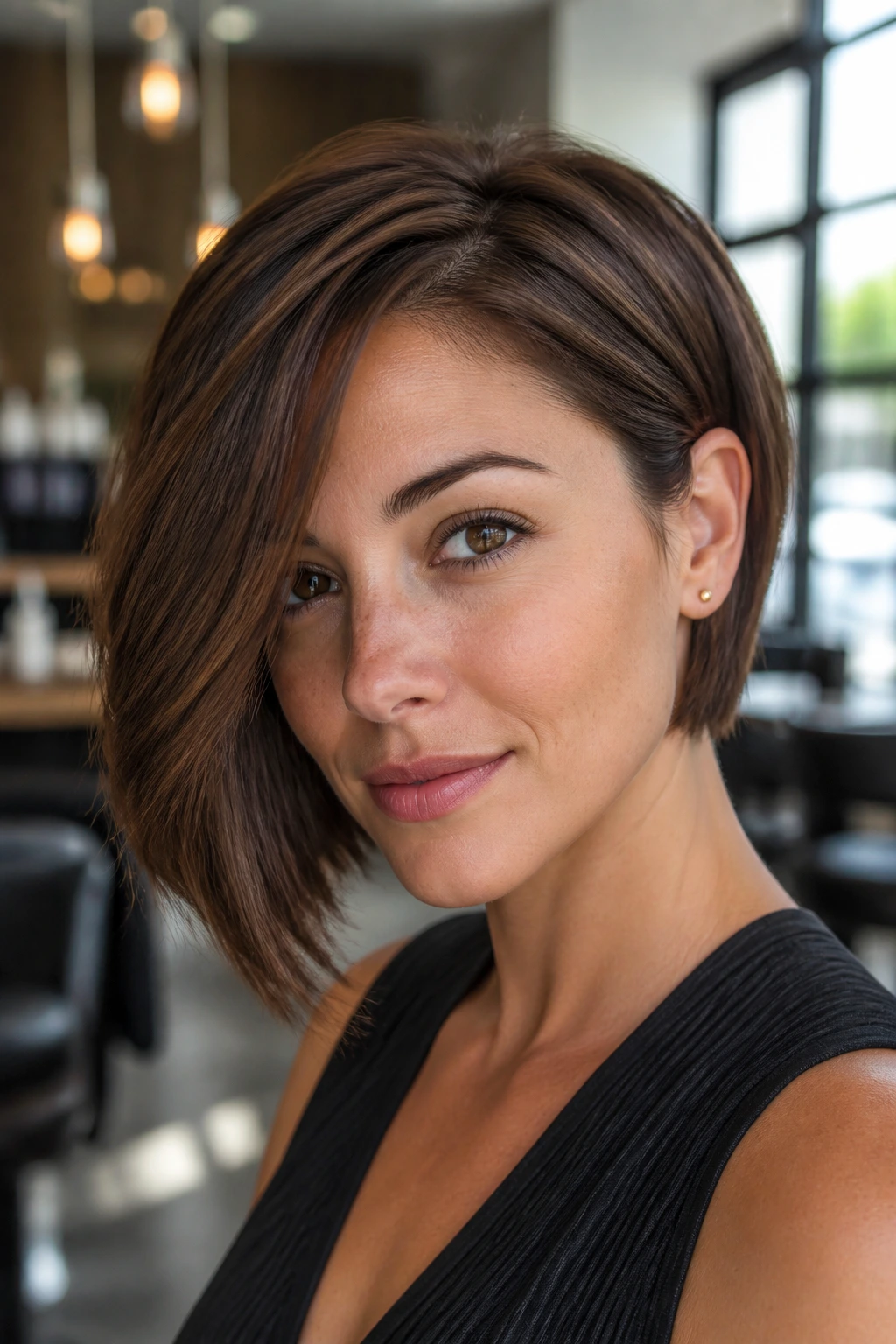 Close-up portrait of a real woman with a walnut brown asymmetrical bob, warm lighting