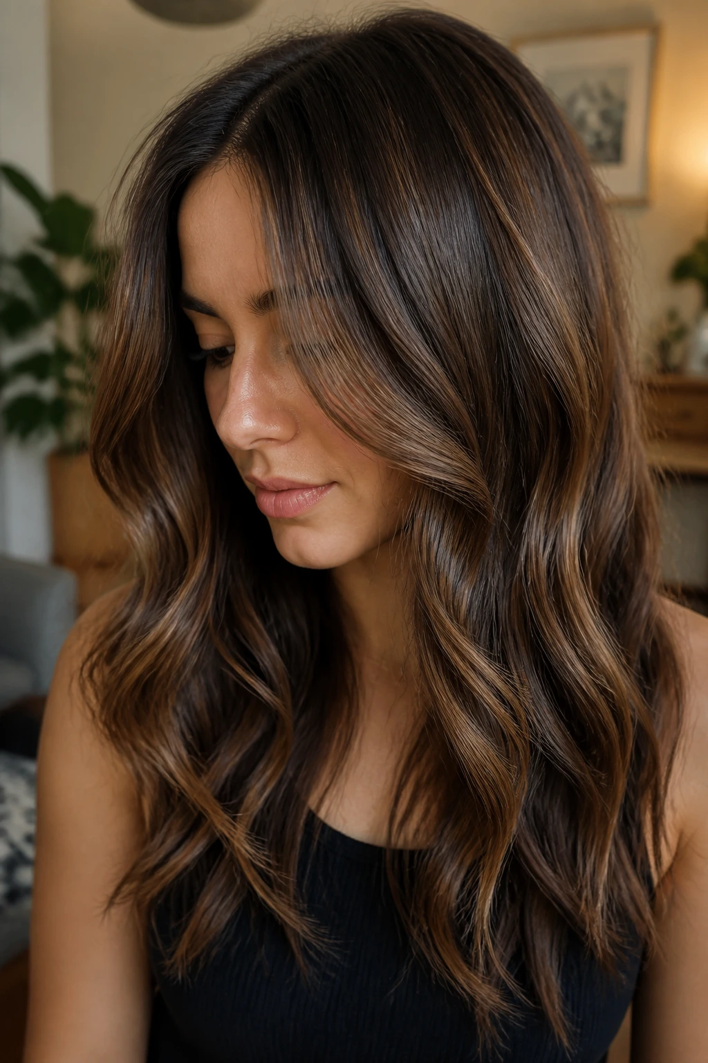 Close-up portrait of a real brunette woman with fine walnut babylights creating soft depth