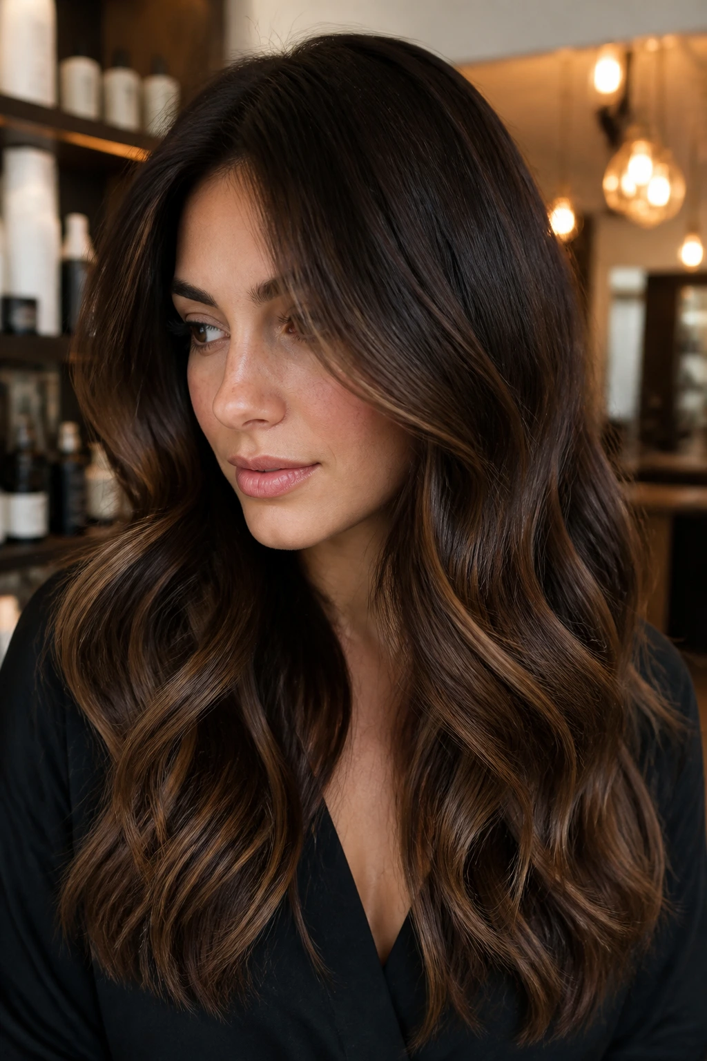 Portrait of a real woman with walnut balayage in warm brown tones.