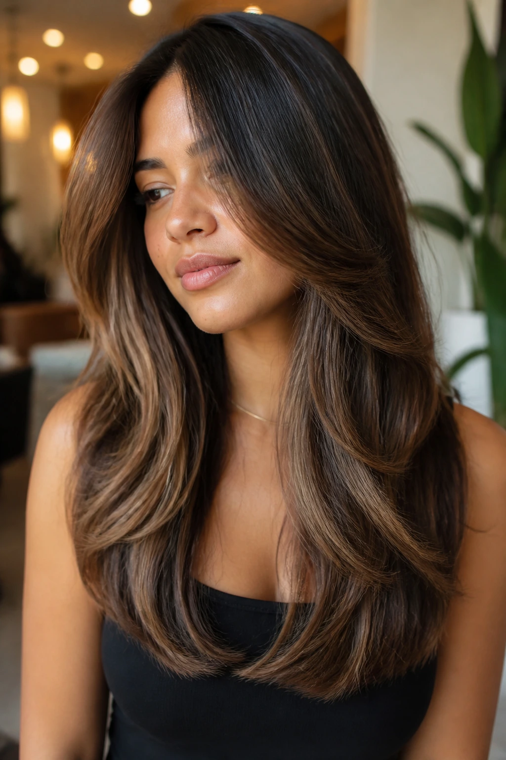 Close-up of a real woman with thick hair U-cut and walnut balayage.