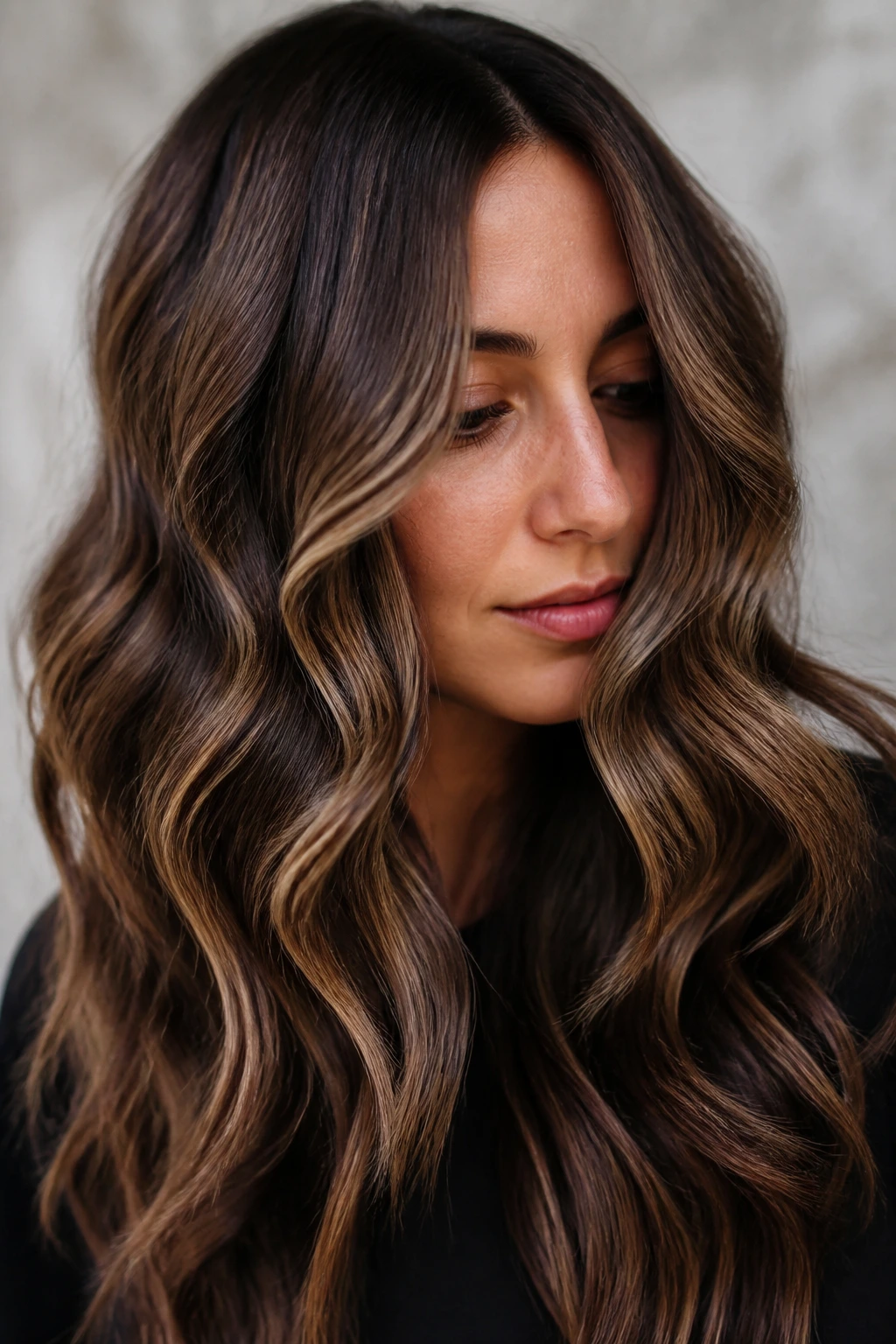 Close-up of a real woman with walnut balayage highlights in wavy hair