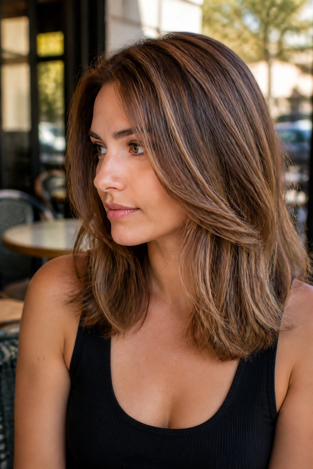 Close-up portrait of brunette with walnut biscotti brown and mixed tones in outdoor cafe light